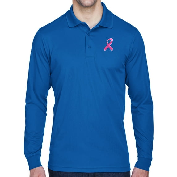 Mens Breast Cancer Awareness Pink Ribbon Long Sleeve Polo Shirt - Royal, 2XL