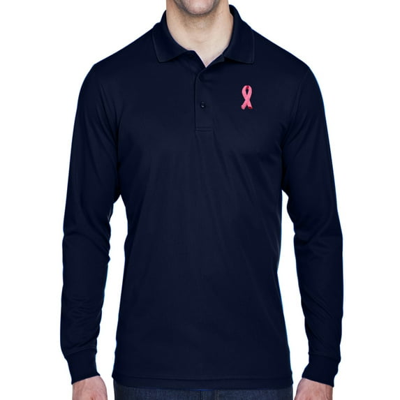 Mens Breast Cancer Awareness Pink Ribbon Patch Long Sleeve Polo Shirt - Navy, Small