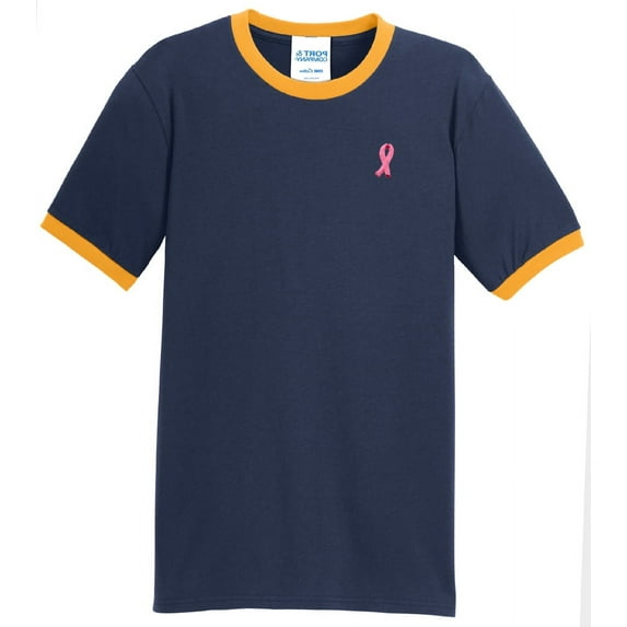 Mens Breast Cancer Awareness Ribbon 100% Cotton Ringer Tee Shirt, 2XL Navy/Gold