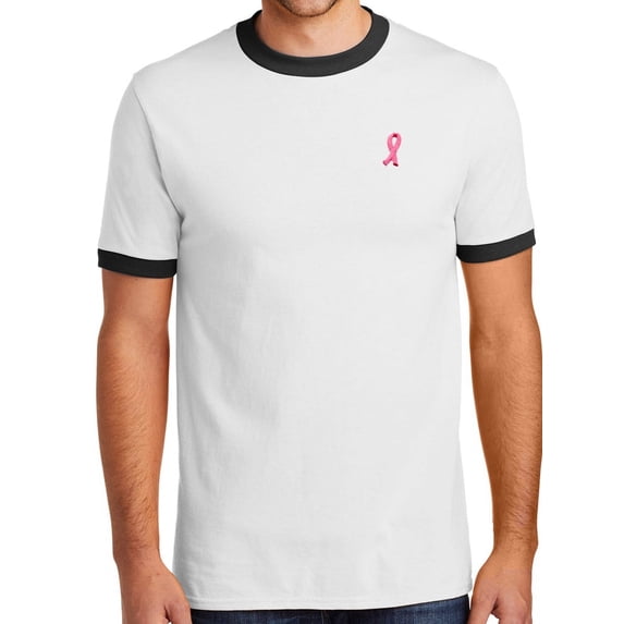Mens Breast Cancer Awareness Ribbon 100% Cotton Ringer Tee Shirt, 3XL White/Black
