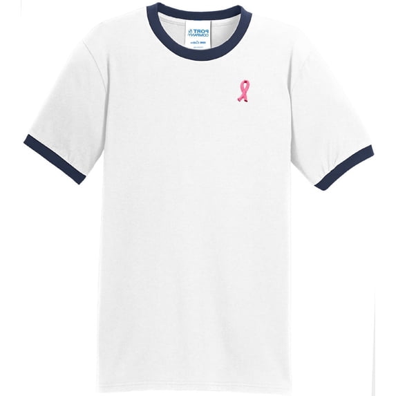 Mens Breast Cancer Awareness Ribbon 100% Cotton Ringer Tee Shirt, 4XL White/Navy