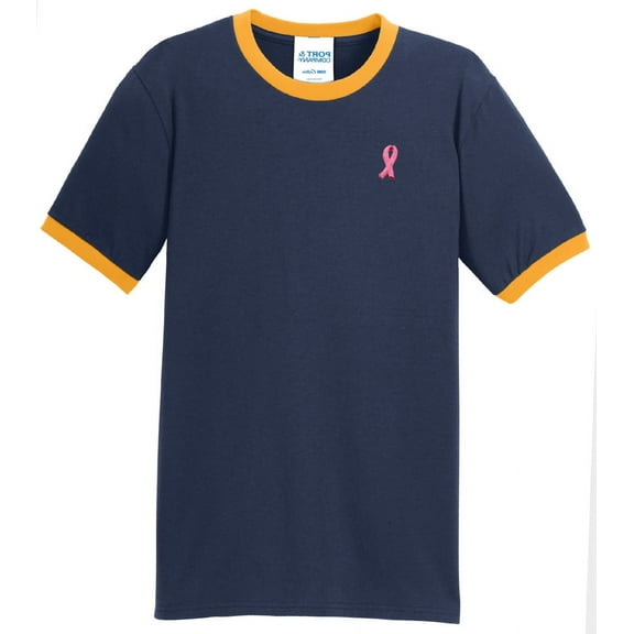 Mens Breast Cancer Awareness Ribbon 100% Cotton Ringer Tee Shirt, Large Navy/Gold