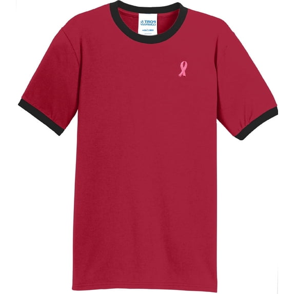 Mens Breast Cancer Awareness Ribbon 100% Cotton Ringer Tee Shirt, Large Red/Black
