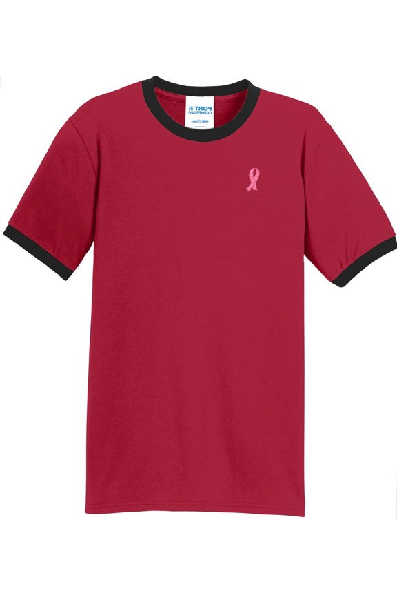 Mens Breast Cancer Awareness Ribbon 100% Cotton Ringer Tee Shirt, Large Red/Black