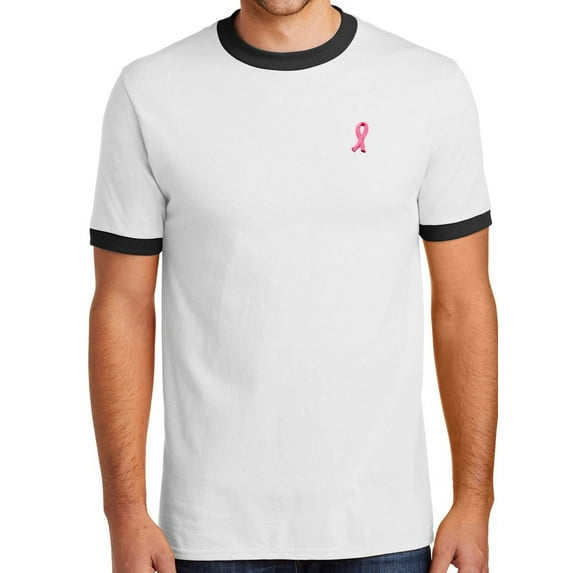 Mens Breast Cancer Awareness Ribbon 100% Cotton Ringer Tee Shirt, Small White/Black