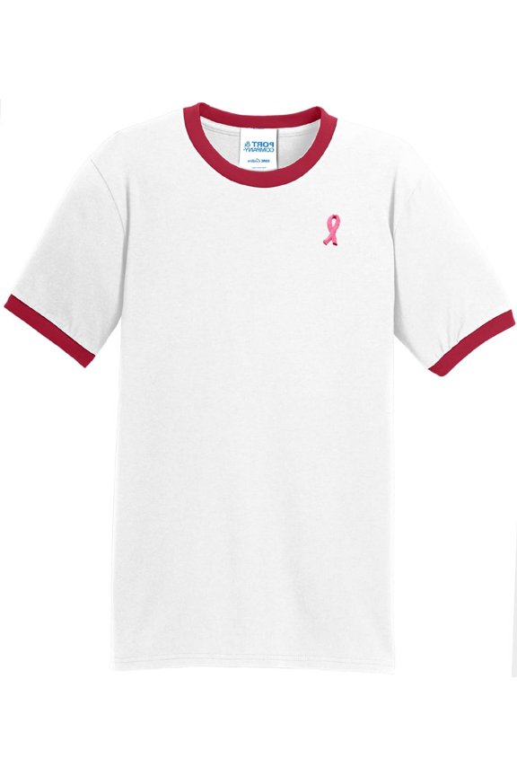Mens Breast Cancer Awareness Ribbon 100% Cotton Ringer Tee Shirt, Small White/Red
