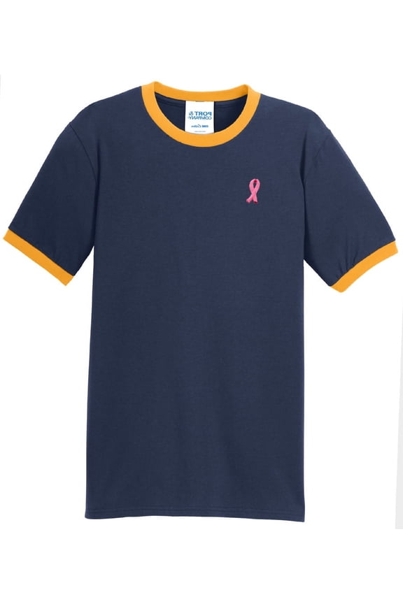 Mens Breast Cancer Awareness Ribbon 100% Cotton Ringer Tee Shirt, XL Navy/Gold