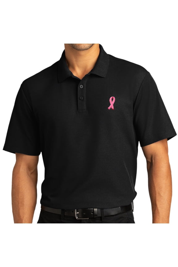 Mens Breast Cancer Awareness Ribbon Patch Short Sleeve Polo Shirt, 2XL Deep Black