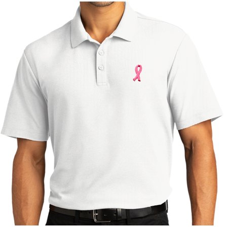 Mens Breast Cancer Awareness Ribbon Patch Short Sleeve Polo Shirt, Extra-Small White