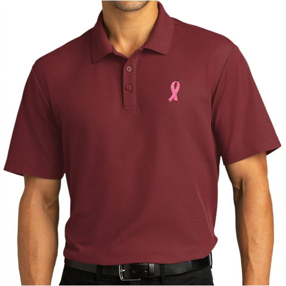 Mens Breast Cancer Awareness Ribbon Patch Short Sleeve Polo Shirt, Medium Burgundy