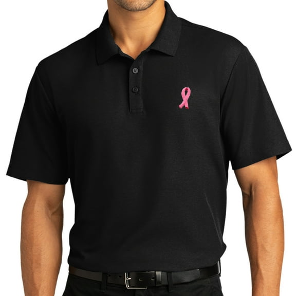 Mens Breast Cancer Awareness Ribbon Patch Short Sleeve Polo Shirt, XL Deep Black