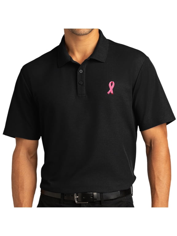 Mens Breast Cancer Awareness Ribbon Patch Short Sleeve Polo Shirt, XL Deep Black