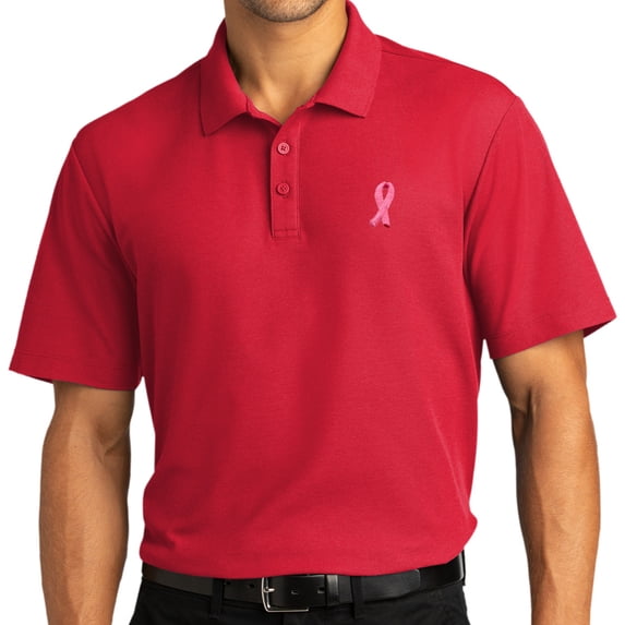 Mens Breast Cancer Awareness Ribbon Patch Short Sleeve Polo Shirt, XL Rich Red