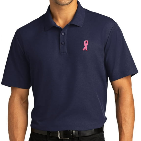 Mens Breast Cancer Awareness Ribbon Patch Short Sleeve Polo Shirt, XL True Navy Blue