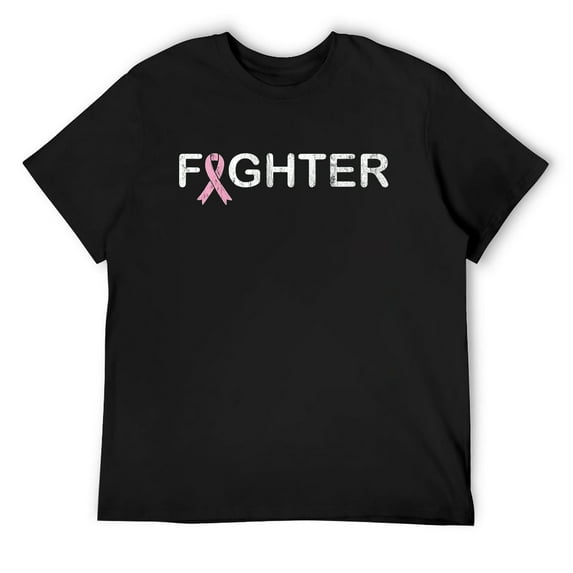 Mens Breast Cancer Fighter T-Shirt - World Cancer Day Pink Ribbon Black Small