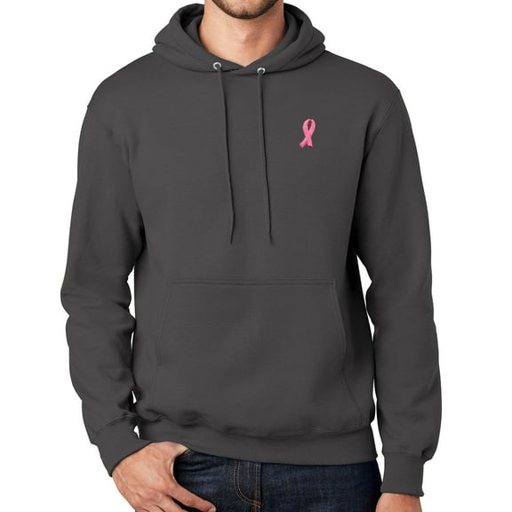 Mens Breast Cancer Ribbon Patch Hoodie Sweatshirt, Large Charcoal Gray