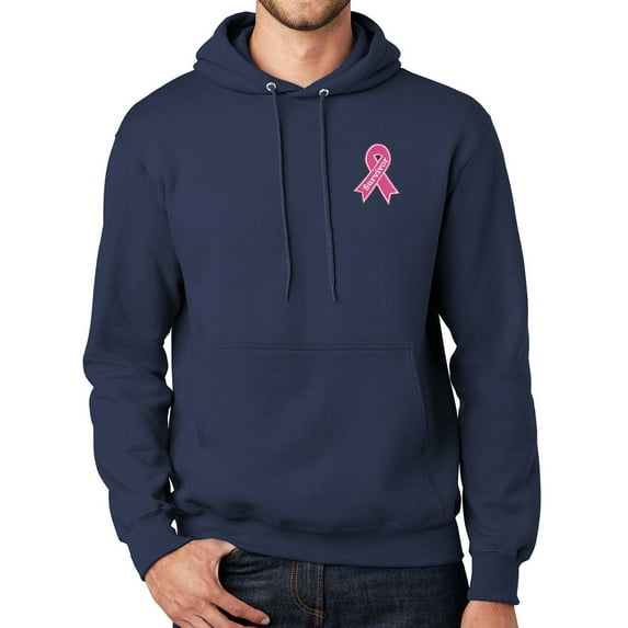 Mens Breast Cancer Survivor Patch Hoodie Sweatshirt, Large Navy Blue