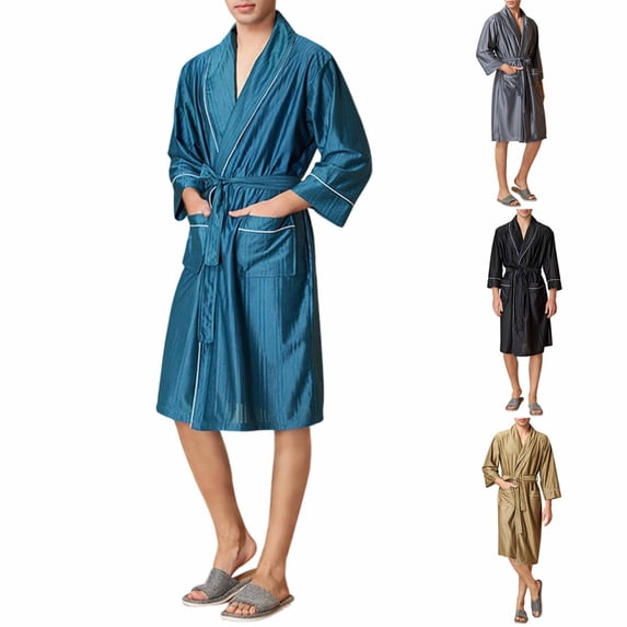 Mens Breathable Cool Satin Robe, Shawl Collar Belt Side Pockets Lightweight Spring Fall Bathrobe Sleepwear Pajamas Size 3XL Blue-A