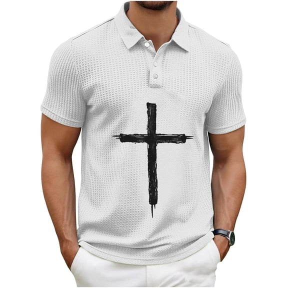 Mens Breathable Cross Printed Polo Shirts Short Sleeve Lightweight Knit Waffle Texture Golf Shirts Knitwear White