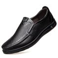 thumbnail image 1 of Mens Breathable Loafers Casual Leather Lightweight Genuine Summer Slip-on Hollow Business Outdoor Shoes Black 10 US, 1 of 7