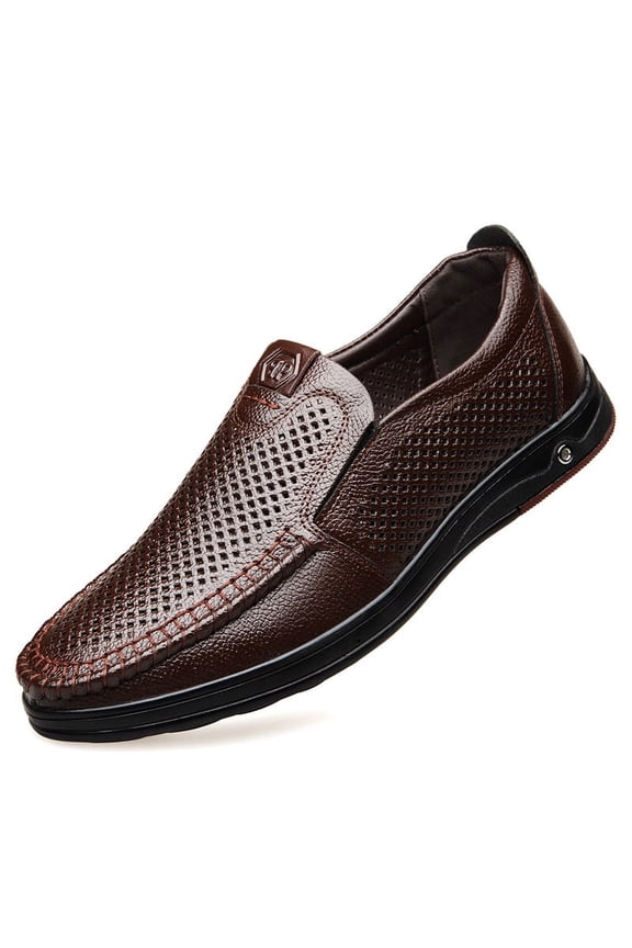 Mens Breathable Loafers Casual Leather Lightweight Genuine Summer Slip-on Hollow Business Outdoor Shoes Brown 9 US