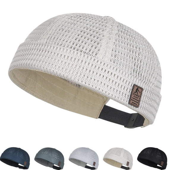 Mens Breathable Mesh Brimless Docker Cap Summer Adjustable Skullcap Flip Sailor Beanie Hat Outdoor Lightweight No Brim Daily Headwear Beige
