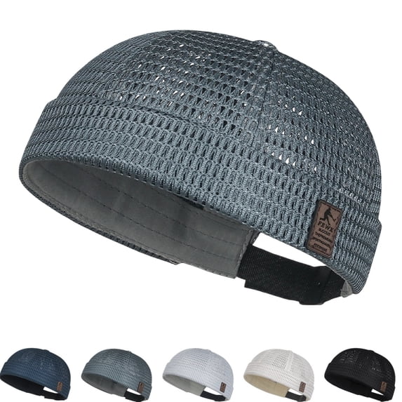 Mens Breathable Mesh Brimless Docker Cap Summer Adjustable Skullcap Flip Sailor Beanie Hat Outdoor Lightweight No Brim Daily Headwear Dark Gray