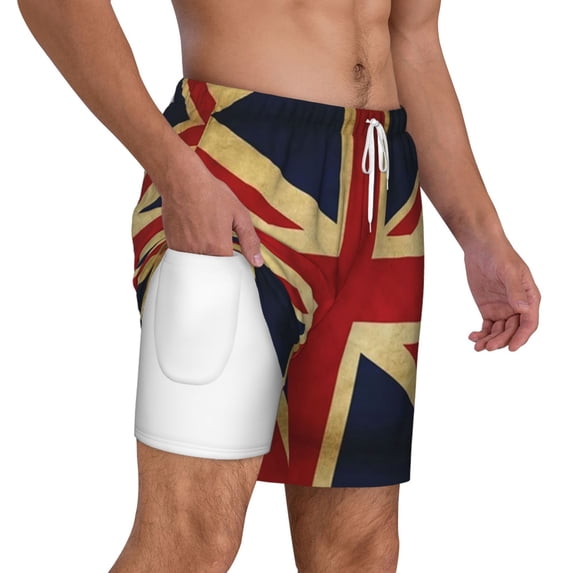 Mens British Flag Natural Swimming Trunks with Compression Liner Beach Quick Dry Swim Shorts