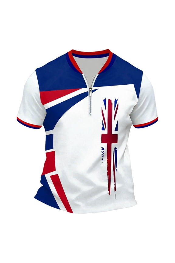 Mens British Print Short Sleeve T Shirt Half Zip Stand Collar Casual Stylish Top Daily Wear White L