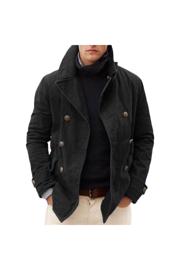 Mens British Trench Coat Vintage Windproof Notch Lapel Peacoat Double Breasted Jacket Coats For Men in Classic Design for Formal and Casual Occasions All Season,Black,L