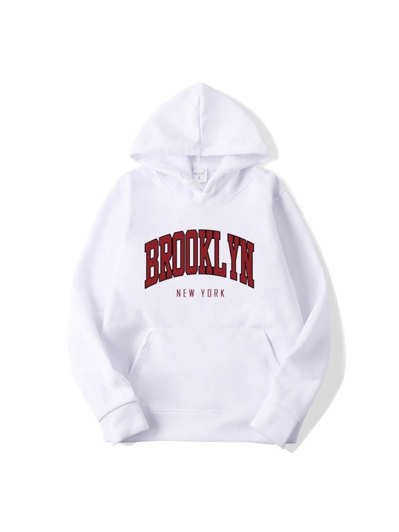 Mens Brooklyn Hoodie New York Letter Print Lined Sweatshirts Long Sleeve Kangaroo Pocket Pullover Top White XL