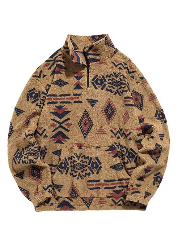 Mens Brown Aztec Print Fuzzy Quarter-Zip Pullover Sweatshirt