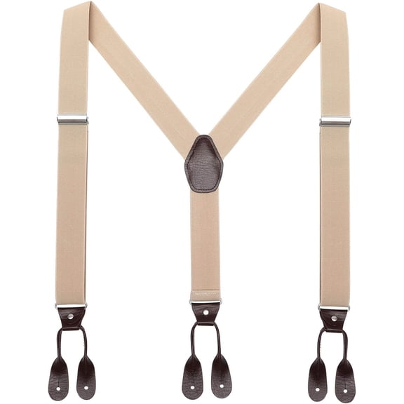 Mens Brown Button End Suspenders - Adjustable Elastic Y Shape Tuxedo Suspender