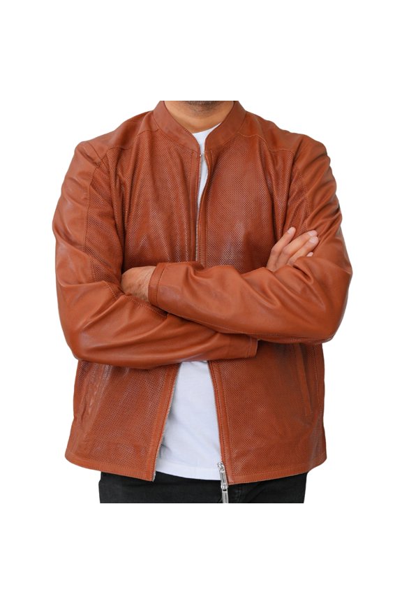 Mens Brown Casual Lightweight 100% Lambskin Leather Motorcycle Jacket , Perforated Leather Jacket (Relax Fit, M Size)