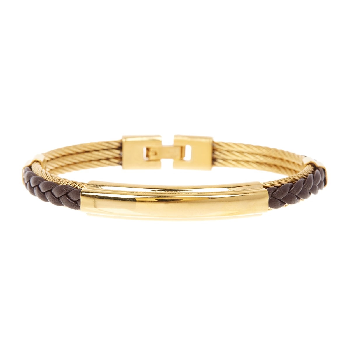 Mens Brown Leather Gold Plated Stainless Steel Wire Bangle