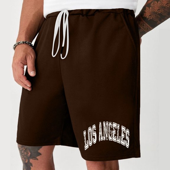 Mens Brown Printed Drawstring Shorts, "BROOKLYN" Letters, Summer Urban & Casual Use