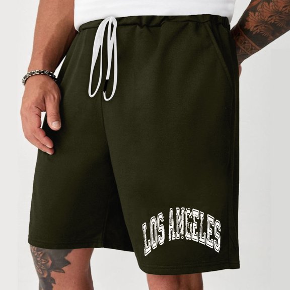 Mens Brown Printed Drawstring Shorts, "BROOKLYN" Letters, Summer Urban & Casual Use