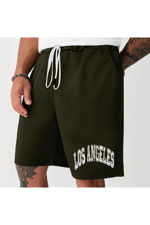 Mens Brown Printed Drawstring Shorts, "BROOKLYN" Letters, Summer Urban & Casual Use
