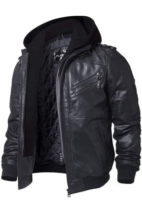 Mens Brown Real Leather Jacket with Removable Hood (Large, Black)