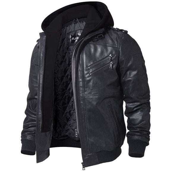Mens Brown Real Leather Jacket with Removable Hood (Large, Black)