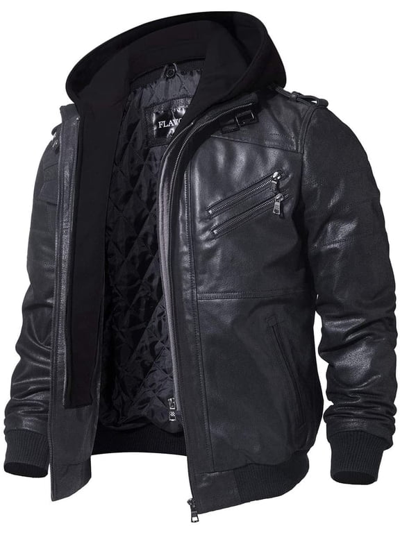 Mens Brown Real Leather Jacket with Removable Hood (Large, Black)