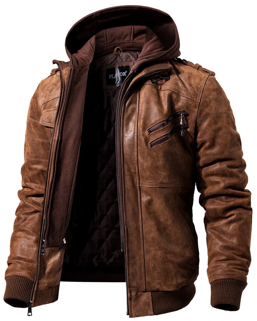 Mens Genuine Leather Jacket, Large, Brown with Removable Hood and
