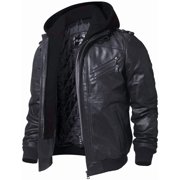 Mens Real Leather Jacket with Removable Hood Medium, Black