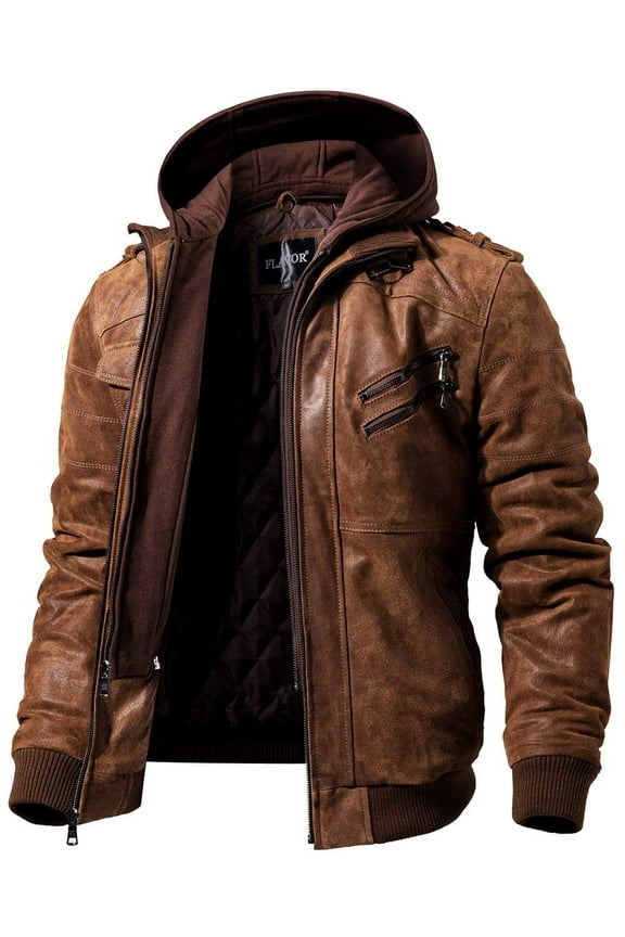 Mens Brown Real Leather Jacket with Removable Hood (Small, Brown)