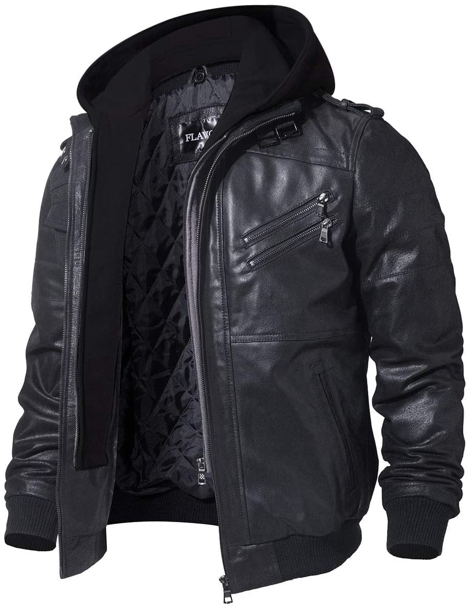 Mens Brown Real Leather Jacket with Removable Hood (X-Large, Black)