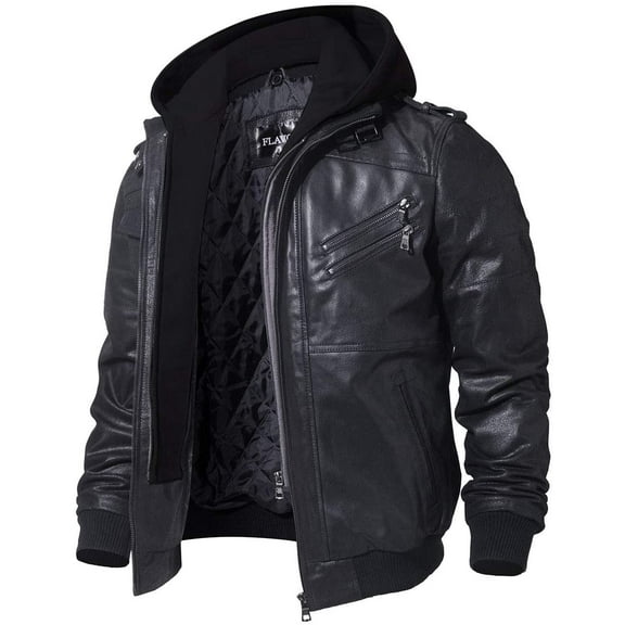 Mens Brown Real Leather Jacket with Removable Hood (X-Large, Black)