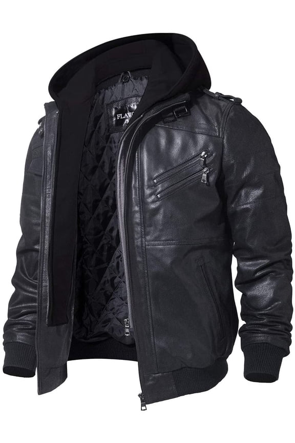 Mens Brown Real Leather Jacket with Removable Hood (X-Large, Black)