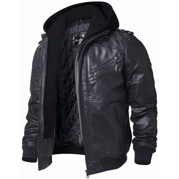 Mens Real Leather Jacket with Removable Hood (X-Large, Black)