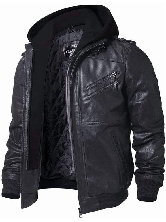 Mens Real Leather Jacket with Removable Hood (X-Large, Black)