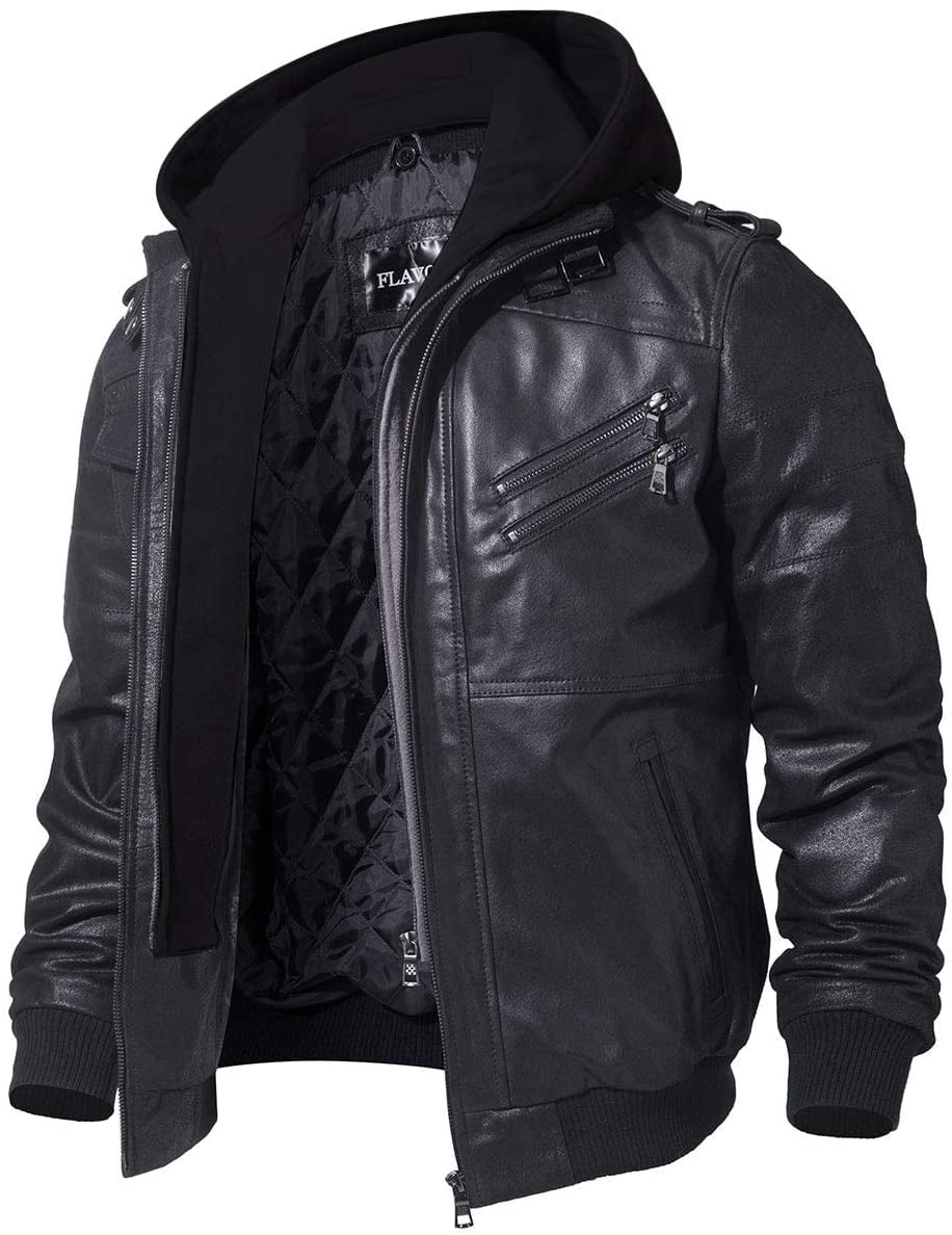 XLarge, Black Genuine Leather Men's Jacket with Removable Hood